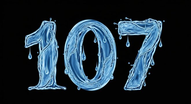 Water droplets forming the number 107 on black background