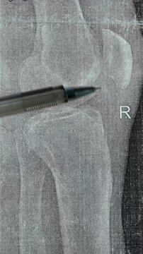 Doctor learn vertical X-ray with narrowed joint space, compacted tibial endplate, exacerbation of intercondylar elevation of the tibia. Osteoarthritis of the knee joint.