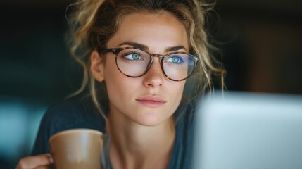 A young woman sits in a comfortable setting holding a cup while staring intently at her laptop screen. The scene shows her concentration and engagement with her tasks.