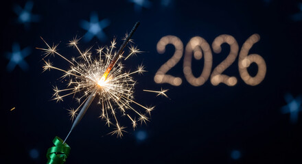 Illuminated sparkler emitting bright sparks against dark background with blurred 2026 number, signifying new year celebration, anticipation and festive mood