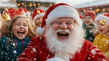 Joyful santa claus bringing holiday cheer to playful winter wonderland scene