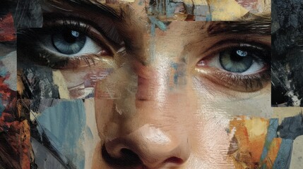 A person with striking blue eyes is shown their face mixed with various textures and colors creating an artistic effect. This captures a moment of creativity and expression.