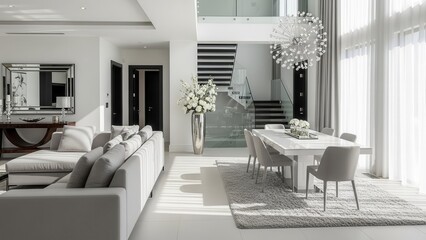 Modern Luxury Home Interior with Open Plan Living and Dining Area.