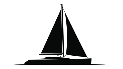 A simple black silhouette of a sailboat on a white background