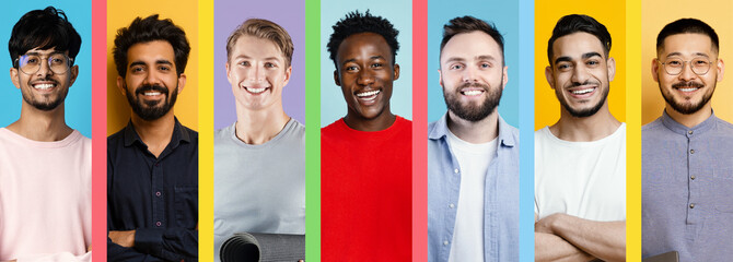 Fototapeta premium Seven men of varying ethnicities stand together on a vibrant set with bold colors behind them. They are smiling and displaying a sense of camaraderie. The scene captures a joyful moment.