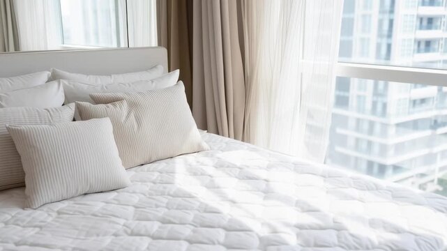 A white bed with a white comforter and white pillows. The bed is in a room with a large window that lets in a lot of light