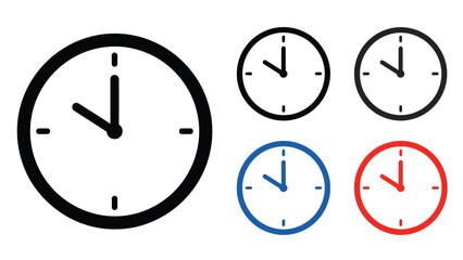 A collection of clock faces displaying different times some are colored