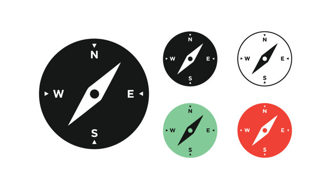A collection of black green and red compass icons displaying cardinal directions
