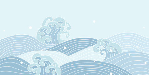 Japanese sea wave blue background vector. Wallpaper design with blue and white ocean wave pattern backdrop. Modern luxury oriental illustration for cover, banner, web, decor, border.