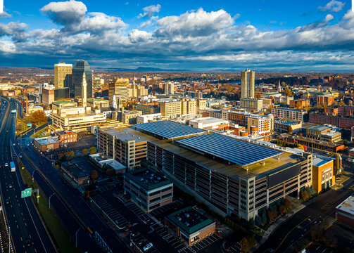 Downtown Springfield Massachusetts Skyline and Highway Aerial