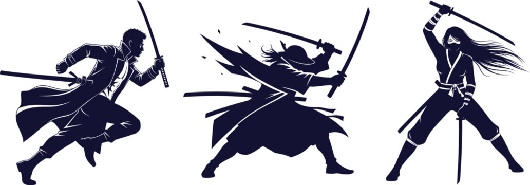 Dark silhouettes of warriors with swords and a ninja in dynamic poses samurai