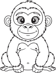 Adorable baby gorilla line art perfect for a black and white coloring page design