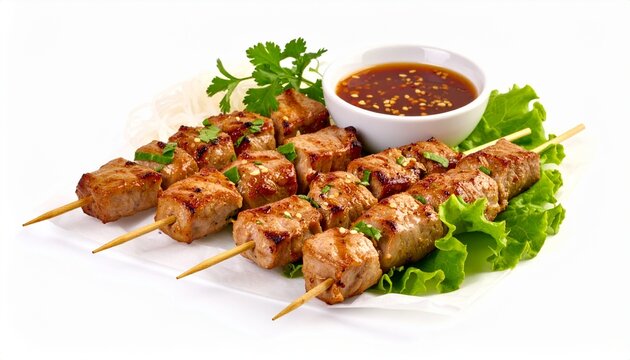 Nem nuong grilled pork skewers served with rice paper, herbs, and dipping sauce