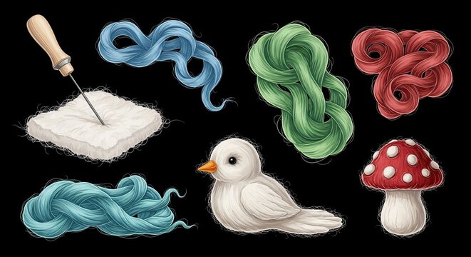 Whimsical illustration of colorful yarns and fantasy creatures