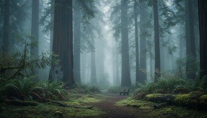 Misty ancient redwood forest with a path leading past giant trees, lush ferns, and a solitary bench in a serene, foggy, atmospheric landscape