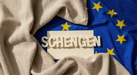Fototapeta premium Schengen word on panel against European Union flag covered by fabric