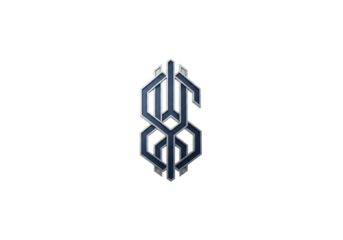 A sophisticated abstract geometric emblem in metallic silver and cool deep blue, intricate line work on a transparent studio background with high-key lighting, concept of financial integrity