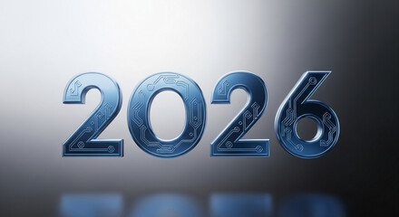 Metallic blue number 2026 with circuit pattern on a gray gradient background, representing a future technology or the upcoming year