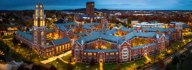 Aerial twilight view of Yale Residential College Buildings Illuminated at night