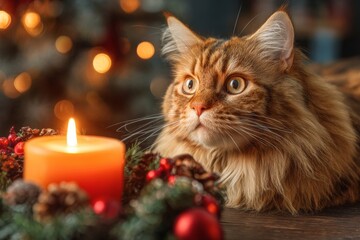 Cute Cat Looks at Candle During Holiday Season With Decorations in Background