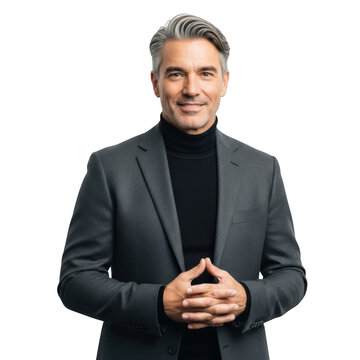 Professional caucasian male executive with silver hair wearing a dark suit and black turtleneck smiling confidently isolated on transparent background