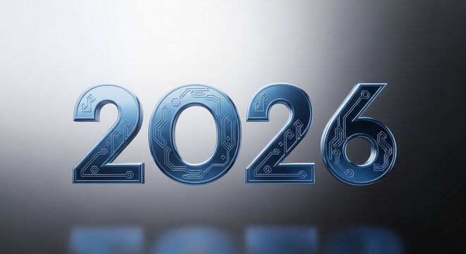 Metallic blue number 2026 with circuit pattern on a gray gradient background, representing a future technology or the upcoming year - Powered by Adobe