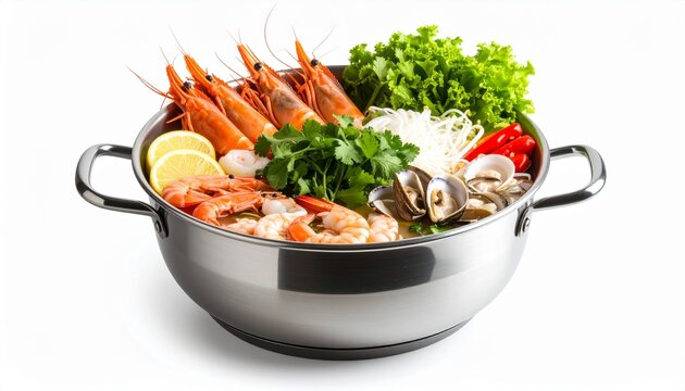 Vietnamese hot pot lau with assorted seafood, vegetables, and noodles