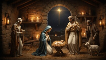 Traditional nativity scene with baby Jesus in a manger, Mary, and Joseph in a rustic stable illuminated by candlelight and the Star of Bethlehem, creating a reverent and holy atmosphere
