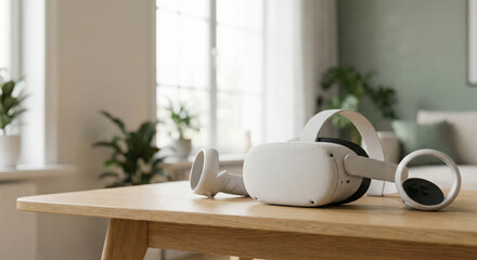 Virtual Reality Headset and Controllers Lying on Wooden Table in Modern Home
