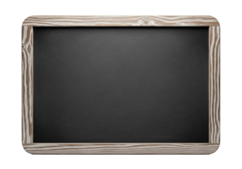 A clean dark grey blank chalkboard with subtle chalk dust and a rustic wooden frame, isolated on a transparent studio background with copy space, concept of potential and new ideas
