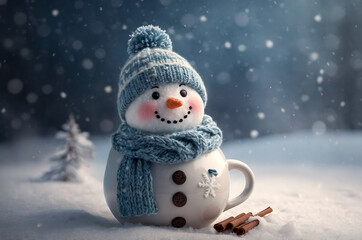 Charming snowman holding hot chocolate in soft falling snow