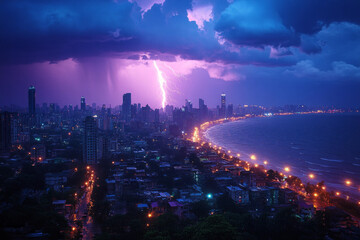 Thunderstorm flashing dramatically above evening city skyline creating intense atmospheric scene dark clouds lightning energy powerful urban weather mood