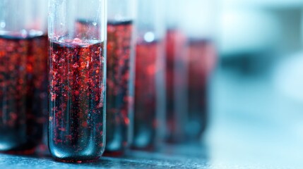 Test tubes filled with red liquid lined up in a laboratory setting