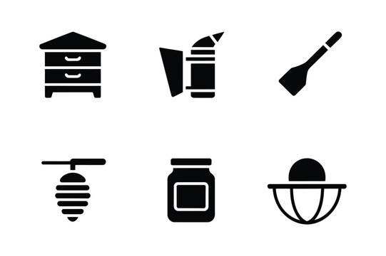 Beekeeping and honey production tools, elements glyph icons.