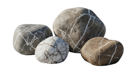 Four distinct, weathered boulders with mineral veins and rugged textures on a clean light grey ground, soft diffused natural daylight, subtle shadows, concept of foundational strength