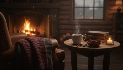 Fototapeta premium Steaming white cup of hot coffee on a rustic table with books and a candle creates a cozy scene inside a warm log cabin with a fireplace on a snowy winter evening