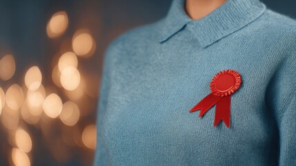 Red ribbon award displayed on blue sweater with soft background lights