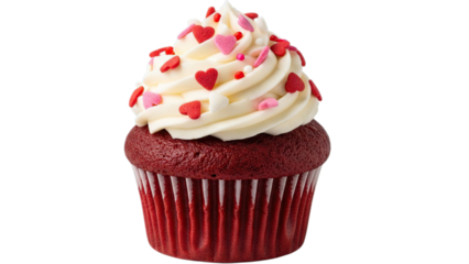 Red velvet cupcake with heart sprinkles isolated on white isolated on transparent background