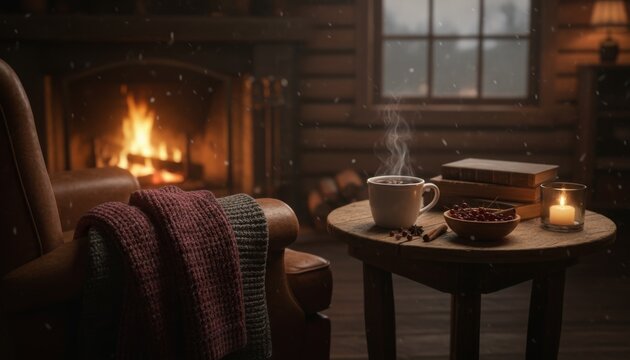 Steaming white cup of hot coffee on a rustic table with books and a candle creates a cozy scene inside a warm log cabin with a fireplace on a snowy winter evening - Powered by Adobe