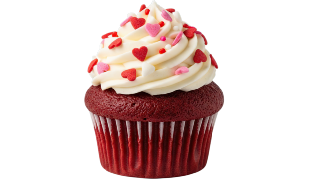 Red velvet cupcake with heart sprinkles isolated on white isolated on transparent background - Powered by Adobe