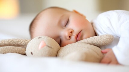 Baby sleeps peacefully with stuffed bunny on a soft bed during daytime