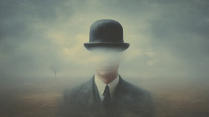 A person wearing a suit and bowler hat stands still in fog. Their face is not visible and the background shows a hazy landscape with a single tree in the distance.