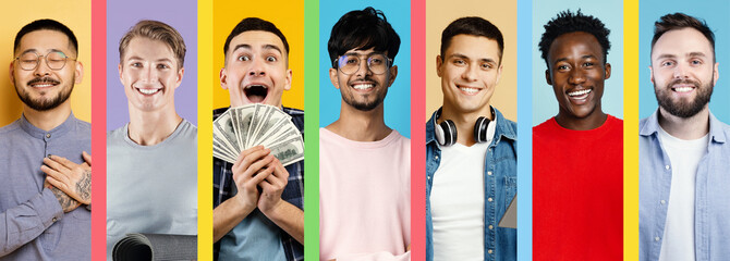 Fototapeta premium Seven young men are standing against colorful vertical backgrounds. Their expressions range from joy to pride. They are engaged in various activities, showcasing their diverse personalities.