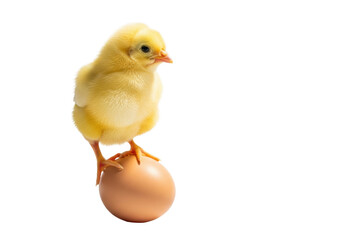Obraz premium A vibrant yellow fluffy baby chick with alert eyes stands confidently, one delicate foot on a smooth light brown hen's egg, on a transparent background. Concept of new beginnings and growth