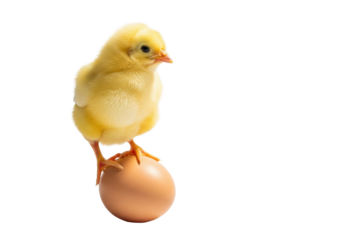 A vibrant yellow fluffy baby chick with alert eyes stands confidently, one delicate foot on a smooth light brown hen's egg, on a transparent background. Concept of new beginnings and growth