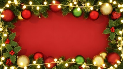 Christmas festive frame with glowing string lights and traditional holiday ornaments on a red background