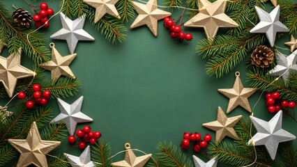 Christmas frame with fir branches and star ornaments on green background forming a festive border for holiday greetings.