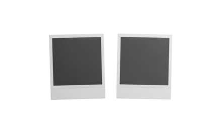 Two identical instant camera-style prints with off-white borders, blank grey/black centers, side-by-side on a transparent surface, clean minimalist design concept of choice and customization