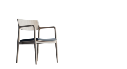 Sleek empty modern wooden chair in a pristine, bright high-key minimalist executive office with soft natural light, large windows, and blurred city view, concept of future potential