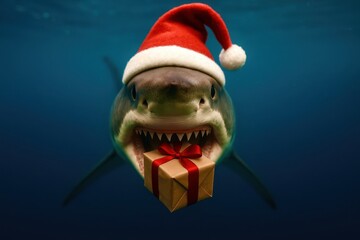 A shark is holding a white box with a red bow on it